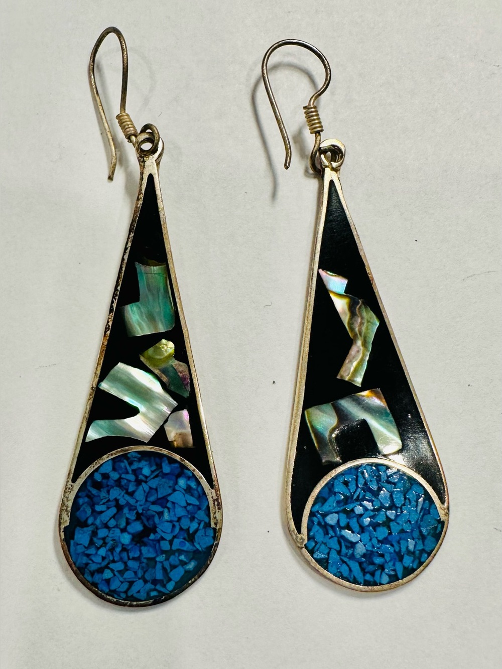 Alpaca Mexico Silver Earrings with Inlaid Mother-of-Pearl and Crushed Turquoise